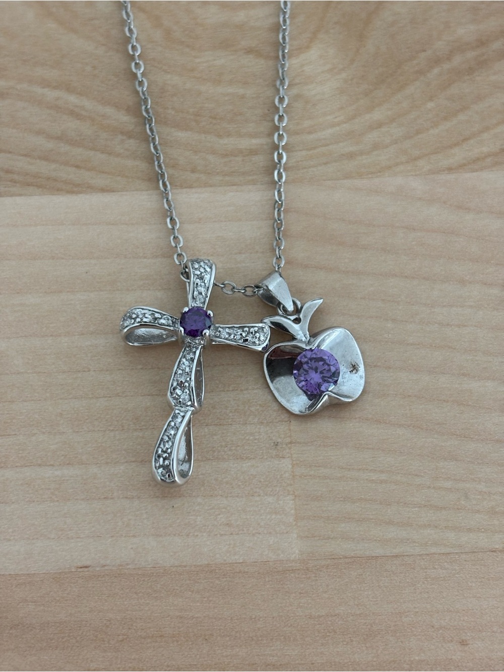 Sterling Silver Cross and Apple Necklace with Purple Gemstones